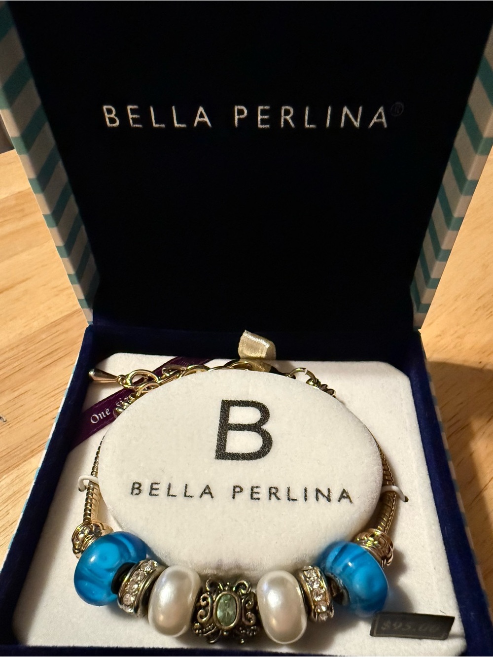 bella Perlina Blue & White Bead Charm Bracelet in Branded Box